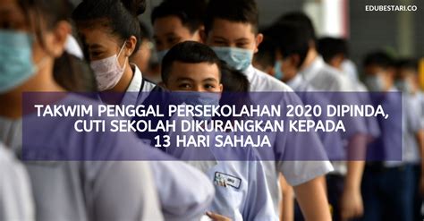 .putrajaya) cuti pertengahan penggal 2 telah dikurangkan daripada 9 hari kepada 5 hari dan cuti akhir dikurangkan daripada 41 hari ke 13 hari. Takwim Penggal Persekolahan 2020 Dipinda, Cuti Sekolah ...