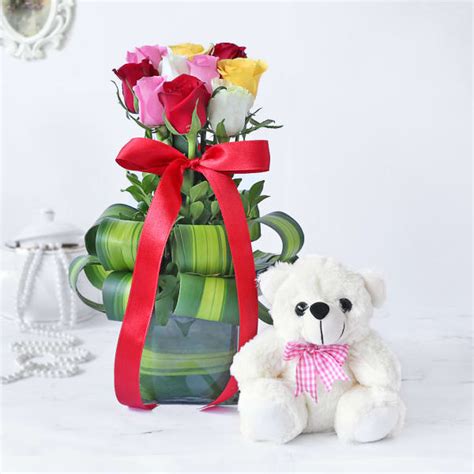 We've got all kinds of huggable surprises, some bundled with valentine's day flowers and sweet treats. Order Assorted Roses in a Vase with Teddy Bear Online at ...