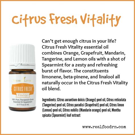 Featuring the fresh, bright aromas of five citrus essential oils, plus spearmint, citrus fresh vitality is perfect for adding a drop or two to your water for a refreshing citrus twist. Citrus Fresh Vitality Essential Oil | Essential oils ...