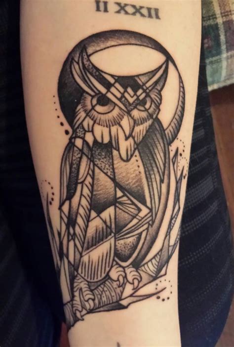 Indigo rose permanent make up Geometric owl on forearm done by Shannon Purvis Barron at ...