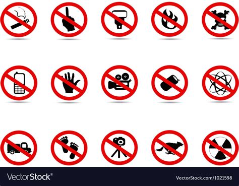 No admittance to unauthorised personnel, usually shown as a red circle with a white rectangle across its face. Set of prohibited sign Royalty Free Vector Image