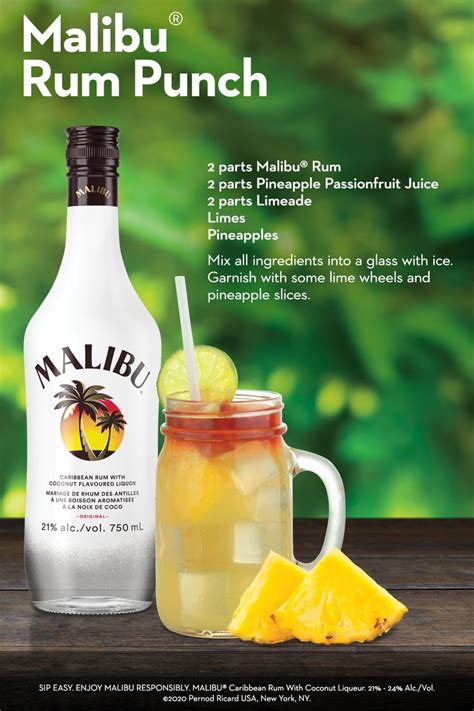 Coconut malibu rum, pineapple juice, ginger ale, and grenadine syrup will make you think you're on a tropical island with this cocktail recipe. Malibu Rum Punch | Flavored liquor, Malibu rum, Rum drinks