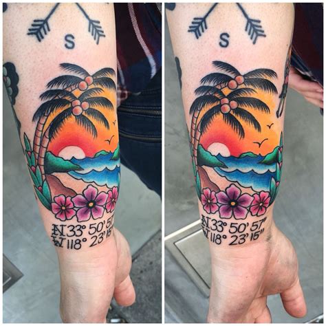 Achieve a realistic looking tattoo with no needles and no pain. Traditional beach palm tree coordinates tattoo by Andrea ...