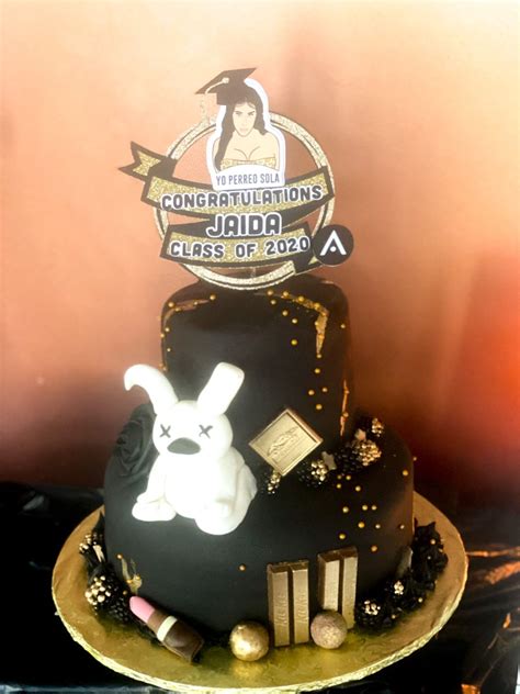 I decided to go with a honeybee theme (it's **i understand that this photo is blurry…mama was laughing while snapping pictures… my bad Bad bunny graduation cake in 2020 | Graduation cakes, Cake, Bunny