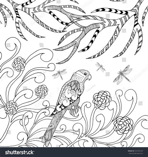 Parrots are sitting on a branch. Tropical Parrot Bird Coloring Page. Animals. Hand Drawn ...