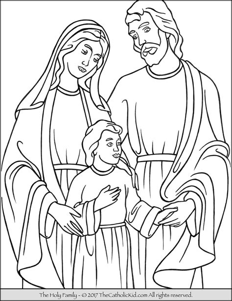 Make catholic cards of jesus, mary, joseph, and the holy ghost from the a coloring page of comforting the sick, a corporal work of mercy in the catholic church. Holy Family Coloring Page - TheCatholicKid.com