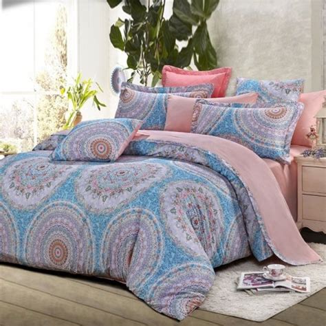 Elegand moroccan bedding set by bliss living home. Light Blue Grey and Pink Folklore Pattern BOHO Style ...