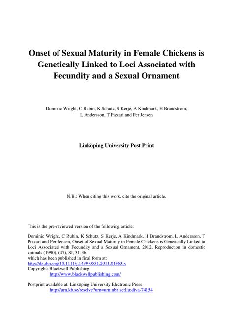 Receptive to mating and pregnancy). (PDF) Onset of Sexual Maturity in Female Chickens is ...