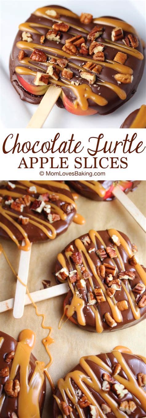 To make the popsicle stick slide into the apple slices easier, i cut a little slit in the bottom of each apple and then insert the wooden pop stick. Chocolate Turtle Apple Slices | Red White Apron