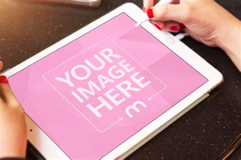 Download Woman Browsing on a White iPad with a Touch Pen Mockup ...
