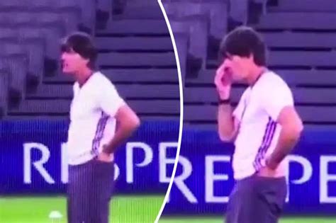 First of all, the ball scratching is about as subtle as a house brick, as löw stuffs his hand down the front of his trousers, but it's what comes next that is most disturbing, as he then brings the same hand to his nose, to presumably inhale the musty smell of his middle aged knackers. Joachim Löw has apologised after sniffing his balls ...