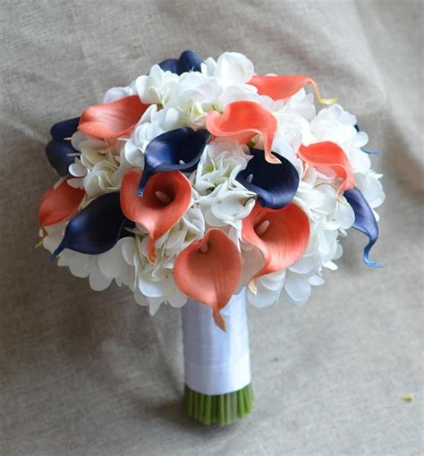 Hydrangea losing the colour looks a little sad. Coral Navy Bridal Bouquet Real touch Calla lilies ...