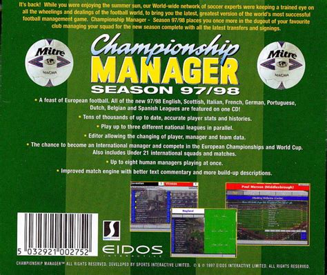 Transfer injured or bad players, etc. Championship Manager: Season 97/98 (1997) DOS box cover ...
