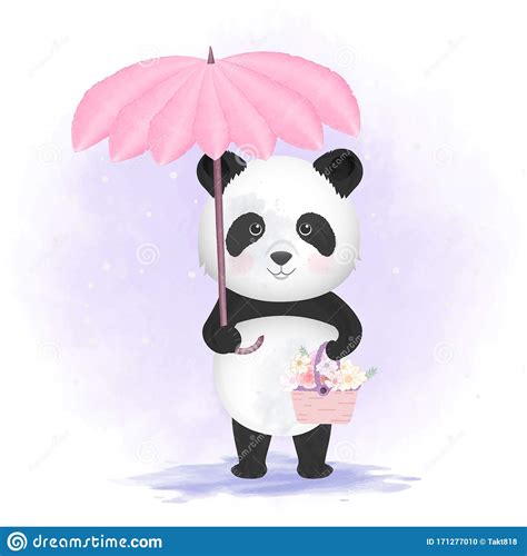 To get more templates about posters. Cute Panda Holding Umbrella And Flower Basket Hand Drawn ...