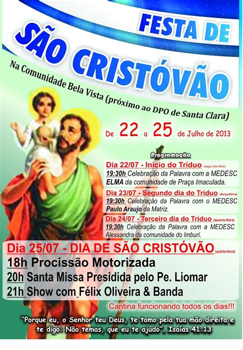 1 hour ago · fiéis celebraram neste domingo o dia de são cristóvão, padroeiro dos motoristas e viajantes. Blog do Paulo Noel: Festa de São Cristóvão em Santa Clara ...