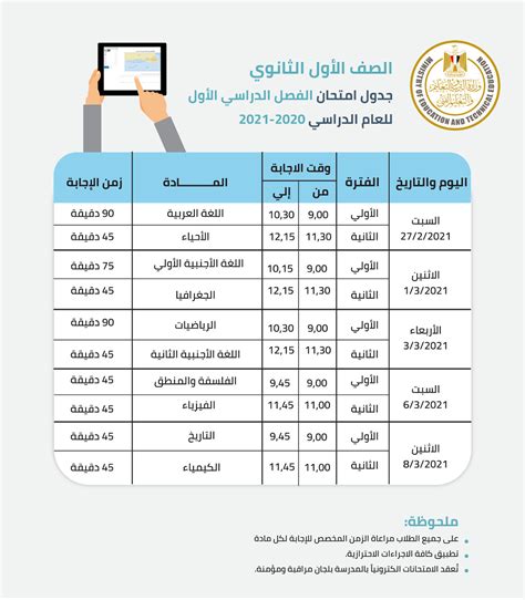 تعلن وزارة التربية والتعليم والتعليم الفنى، الأسبوع المقبل، جدول امتحانات الثانوية العامة 2020 الخاص بامتحانات الصف الثالث الثانوي، عقب استقبال آراء الطلاب حول الجدول المقترح الذي أعلنت عنه، الخميس الماضي. رسمياً جدول امتحانات الصف الاول الثانوي 2021 من وزارة ...