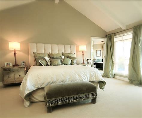 Bedroom theme brown, blue, white, grey, hints of green and. Sage green accent wall behind the all white bed, with ...