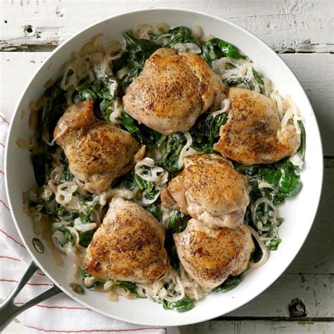 Chicken thighs are inexpensive, succulent, and extra tender—and they make the perfect addition to any dinner plate. Chicken Thighs with Shallots & Spinach | Recipe in 2020 | Healthy dinner, Spinach side dish ...