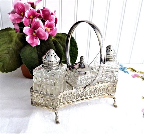 A table top caddy is a great addition to your restaurant, café, or banquet hall table settings to hold sugar packets, ketchup bottles, napkins, menu cards, salt and pepper shakers, jams, or any specialty condiment. Vintage 8 Piece Salt Pepper Mustard Caddy 1940-1950s Cruet ...