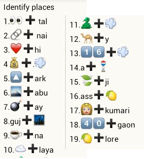 Most of these puzzles will have their answers too. Identify places from Whatsapp emoticons - PuzzlersWorld.com