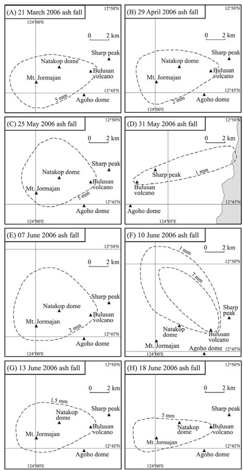 Iucn category ii (national park). Dispersal maps of ash fall from the phreatic eruptions at ...