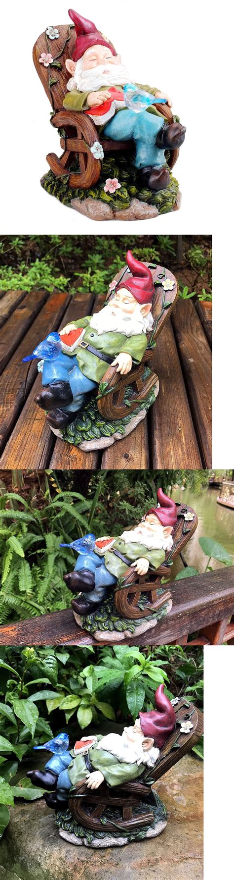 This gnome is resin & painted in high detail size: Bo-Toys Solar Powered Gnome Sleeping In a Chair LED Garden ...