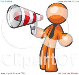Royalty-Free (RF) Clipart Illustration of an Orange Design Mascot Man Announcing With A ...