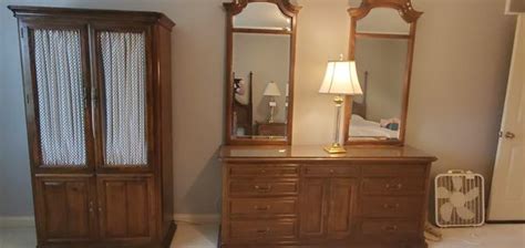 Set includes six (6) furniture. Ethan Allen Bedroom Set / Classic Manor / Cane headboard ...