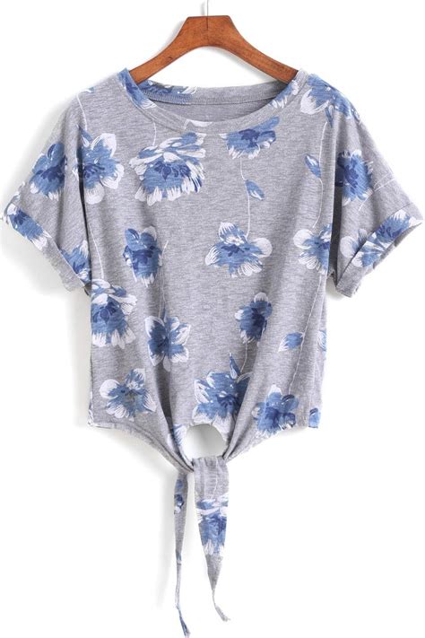 15% off with code zcreateyours. Grey Short Sleeve Floral Knotted T-Shirt -SheIn(Sheinside)