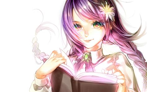 Image of oc book individual rp aurora the princess. Anime girl purple hair green eyes with flower and book ...