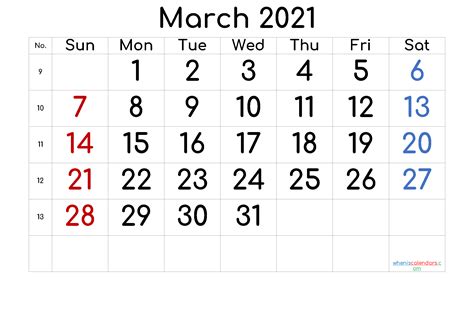 Overview of the week numbers for the year 2021, with uk bank holidays 2021 and templates for excel, pdf & word to download and print. March 2021 Printable Calendar with Week Numbers Free Premium in 2020 | 2021 calendar ...