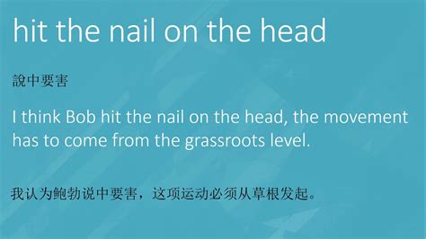 My friend, you have hit the nail on the head.• choose from collocations, synonyms, phrasal verbs and more. hit the nail on the head meaning in Chinese - YouTube