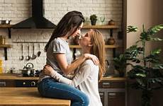 lesbian couple passionate young kitchen each other loving