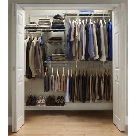 Crafted with durable steel construction, the shelves feature a smooth white finish while ample hanging space provides plenty of room for your clothes. ClosetMaid ShelfTrack 5 ft.- 8 ft. Closet Organizer Kit ...