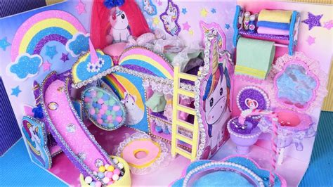 Fun modern dollhouse kids bedroom with rainbows, leopard wall print, miniature ikea dolls house and miniature name wall signs. DIY Miniature Dollhouse~ Unicorn Kids Bedroom and Bathroom ...