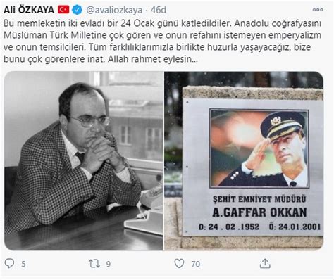 Uğur mumcu da gaffar okkan da 'canları pahasına' verdikleri mücadelede sadece türkiye düşmanı terör örgütlerini değil, bu gruplarla 'farklı çıkarlar' için işbirliği yapan, devlet içine gizlenmiş, karanlık güçleri de yok etmeye çalışıyorlardı. Özkaya, Gaffar Okkan ve Uğur Mumcu için mesaj paylaştı ...