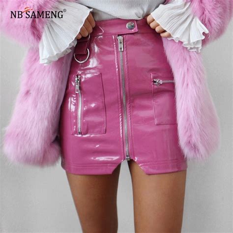 Women Faux Leather A Line Skirts Pink Button Front Zipper Winter 