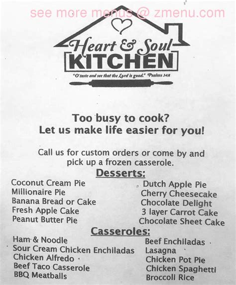 Installs heartbeat, and includes resources/providers for managing heartbeat configuration. Online Menu of Heart & Soul Kitchen Restaurant, Kansas ...