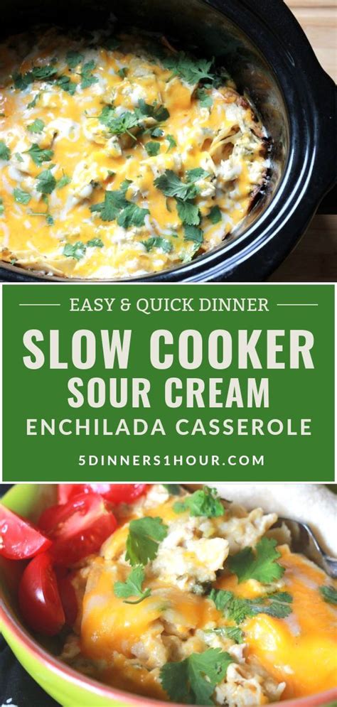 It's easy to add your own variations to satisfy everyone in pour enchilada sauce over it all and spread remaining sour cream and cheese on top. Slow Cooker Sour Cream Chicken Enchilada Casserole | Easy ...