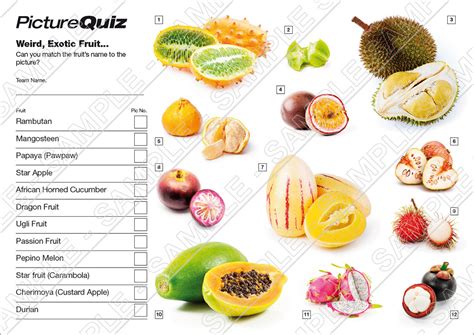 Make an itinerary of fruits to try around the world, including norwegian cloudberries, thai mangosteens, and mexican prickly pears. Quiz Number 047 With Weird Fruit Picture Round - E-Printable