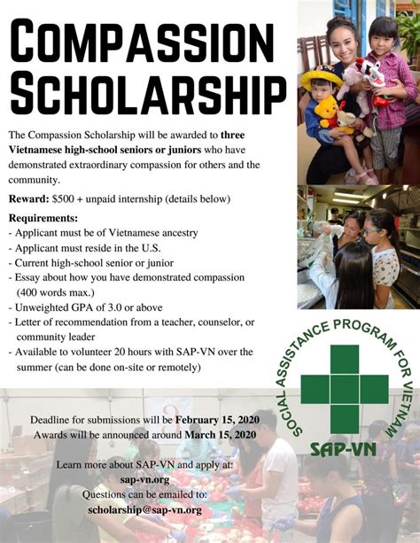 Sample scholarship applications provide examples how how a scholarship should look, including samples of essays and reference letters. 2020 Compassion Scholarship Announcement - SAP-VN