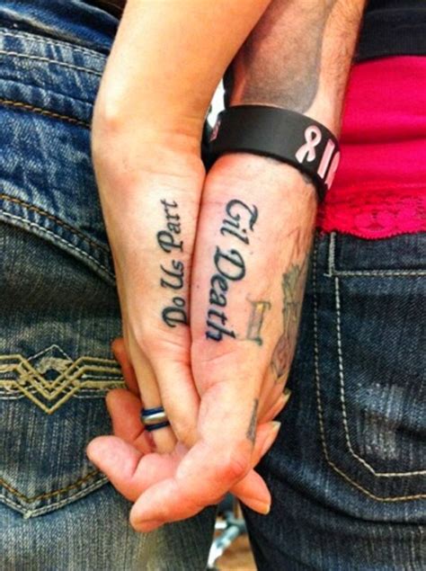One of the most popular types of couple tattoos is where two connected words are inked on smaller tattoos are placed in a smaller area, since they don't bear a lot of details. Matching Married Tattoos Ideas (13) (With images ...