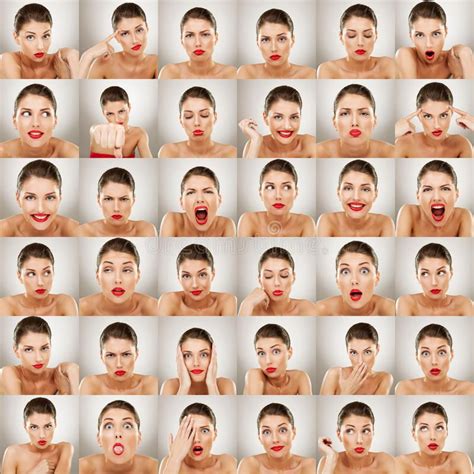 Expressions collage. Young woman face expressions composite isolated on ...