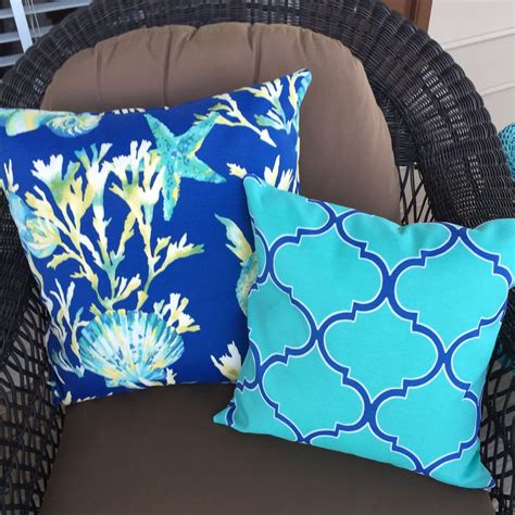 Outdoor welted toss pillows are covered in durable and beautiful sunbrella acrylic fabric, specially engineered with uv protection to resist the elements and maintain bright color season after season. Turquoise Navy Outdoor Pillow Cover Modern Patio Porch ...