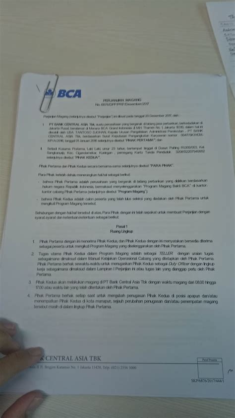 Untuk pebedaan magang dan kerja okeh, di bawah ini sudah ada contoh surat keterangan magang kerja pada perusahaan otomotif. Tes Magang Bakti BCA ( Perjanjian Kerja)