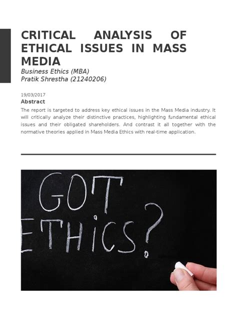 We chose to cover the issue of how the media represent the lgbtq community within journalism, and highlighted a few areas. Critical analysis of Ethical Issues in Mass Media.docx ...