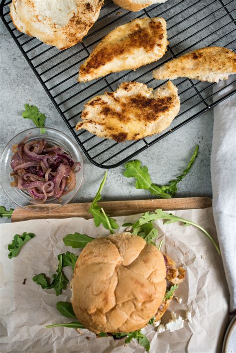 Ingredients 3 chicken breasts, trimmed and cut into 3 strips each 1⁄4 cup butter 1 cup flour ½ cup panko breadcrumbs 1 teaspoon salt 1 teaspoon garlic powder ½ teaspoon pepper 2. Panko and Almond Crusted Chicken Sandwich with Sautéed Onions, Arugula and Goat Cheese ...