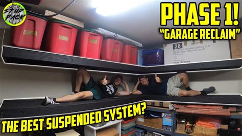 The shelf is built with threaded plumbing pipe. DIY Garage Storage Shelves - Threaded Rod Suspension ...