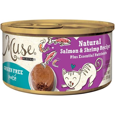 Recommended as a food source for orphaned or rejected kittens or those nursing, but needing supplemental feeding. Purina Muse Grain Free Natural Salmon and Shrimp Pate ...
