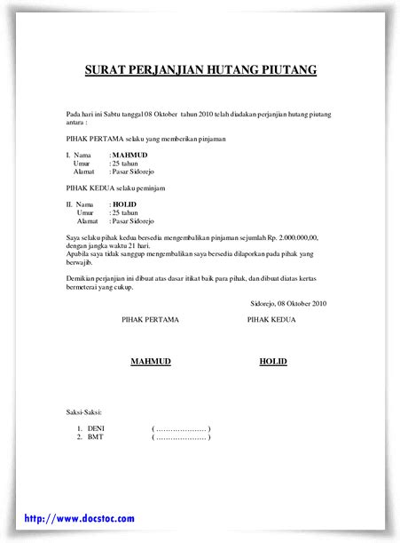 Utang dapat diperoleh dari individu atau dari lembaga seperti bank. Contoh Surat Perjanjian Hutang Piutang & Pelunasannya diatas Materai